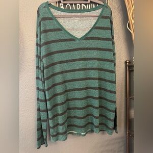 Green and Gray Striped V-Neck Sweater